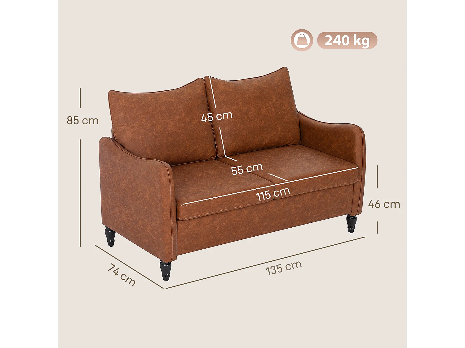 Mipa Brown Faux Leather Marble Effect 2 Seater Sofa