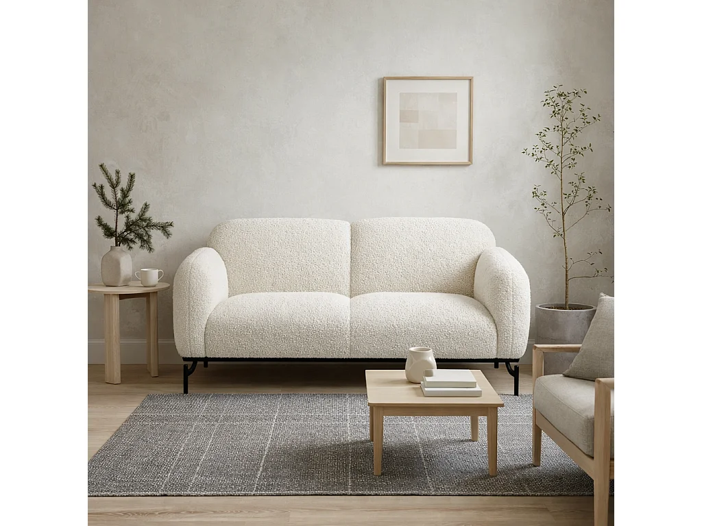 Samba 2 Seater Bouclé Sofa White Sherpa Black Metal Legs