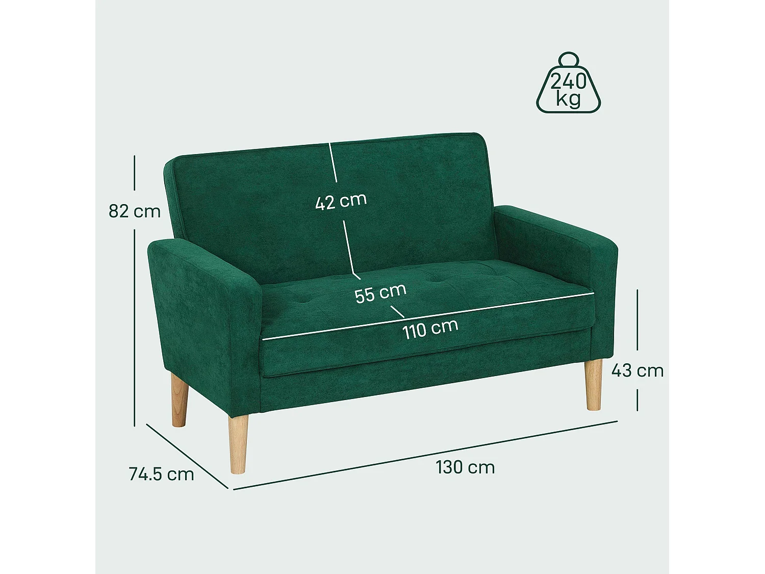 Neraro Forest Green Velvet Feel 2 Seater Sofa Natural Wood Legs