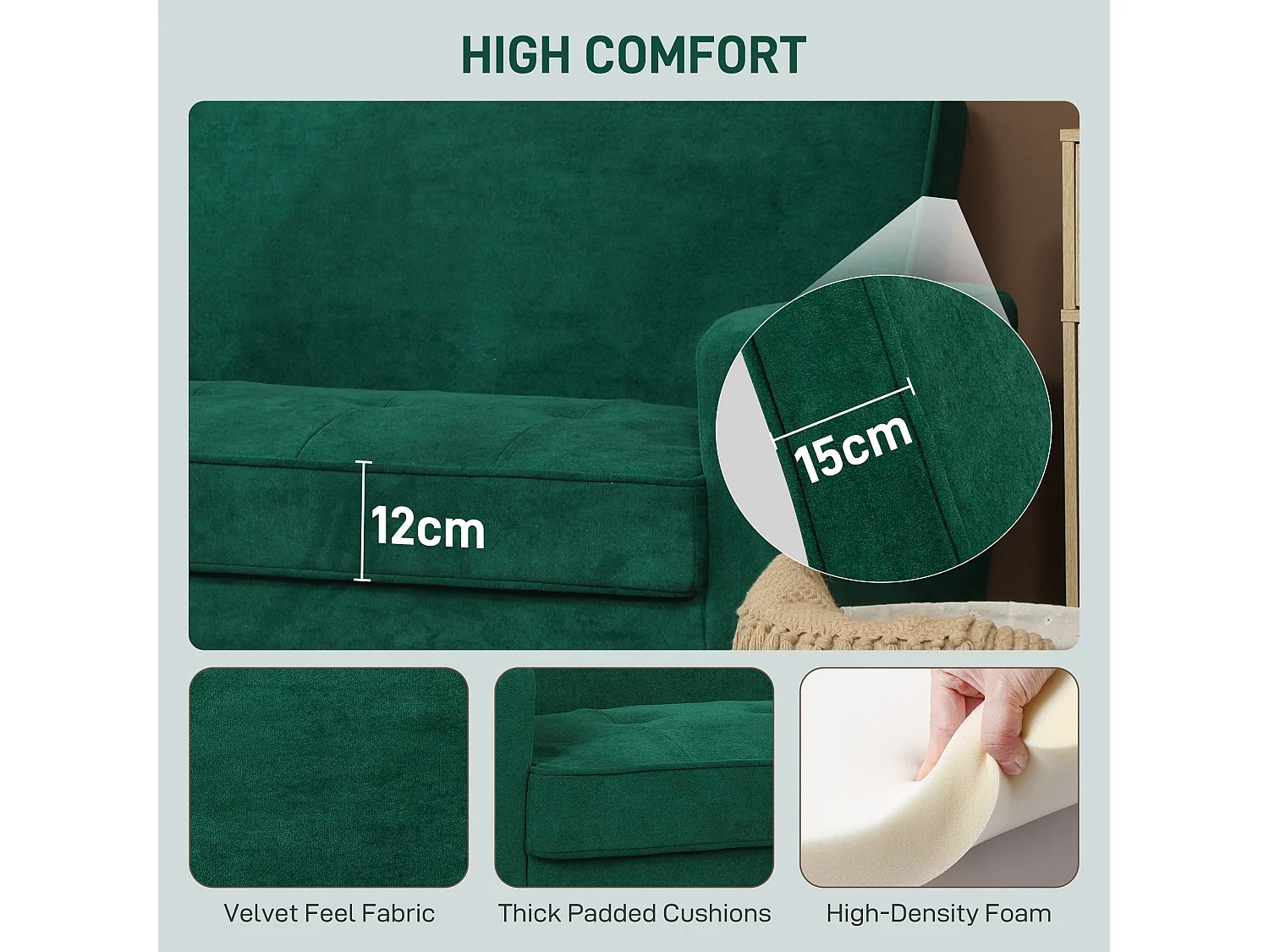 Neraro Forest Green Velvet Feel 2 Seater Sofa Natural Wood Legs