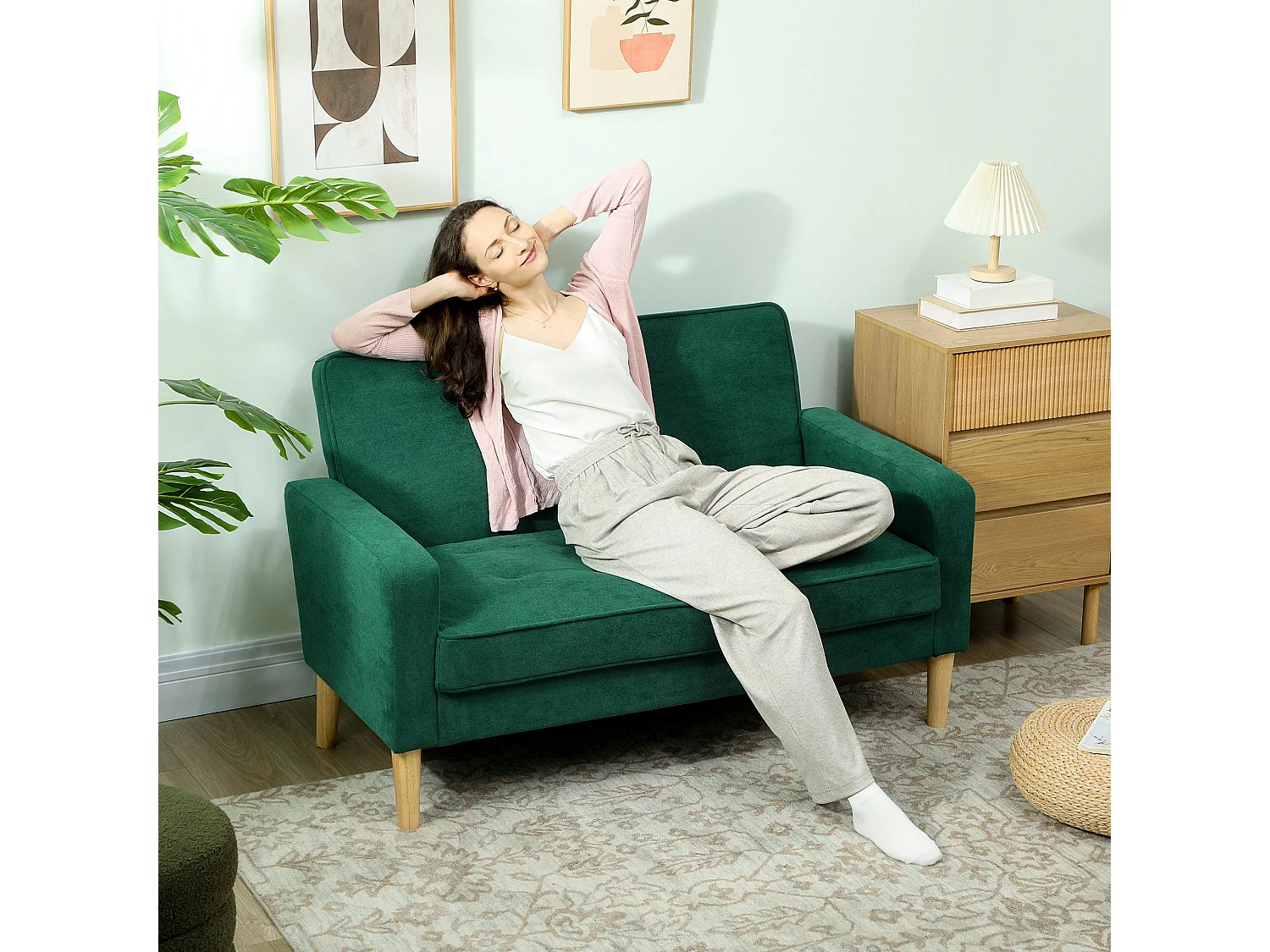 Neraro Forest Green Velvet Feel 2 Seater Sofa Natural Wood Legs