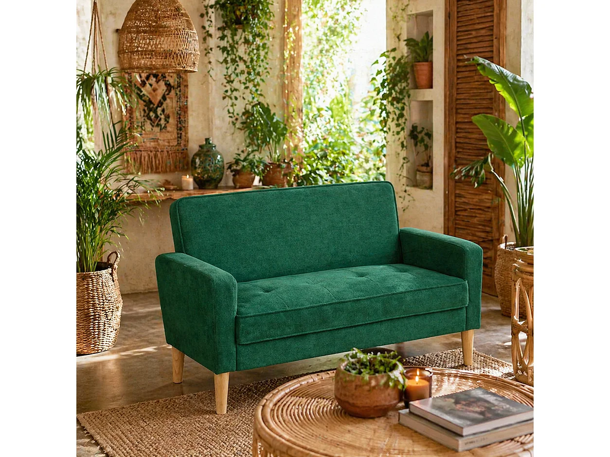 Neraro Forest Green Velvet Feel 2 Seater Sofa Natural Wood Legs