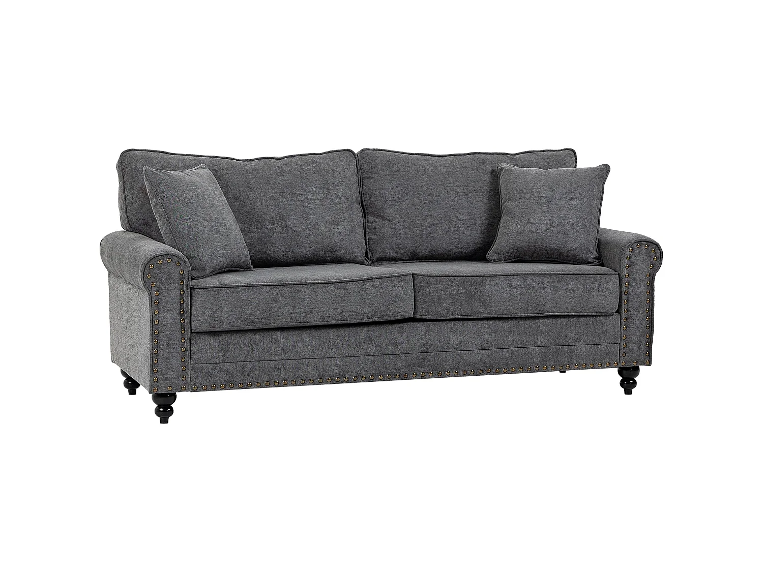 Tael Yolo Grey Fabric 3 Seater Sofa Linen Look Nailhead Trim 2 Cushions