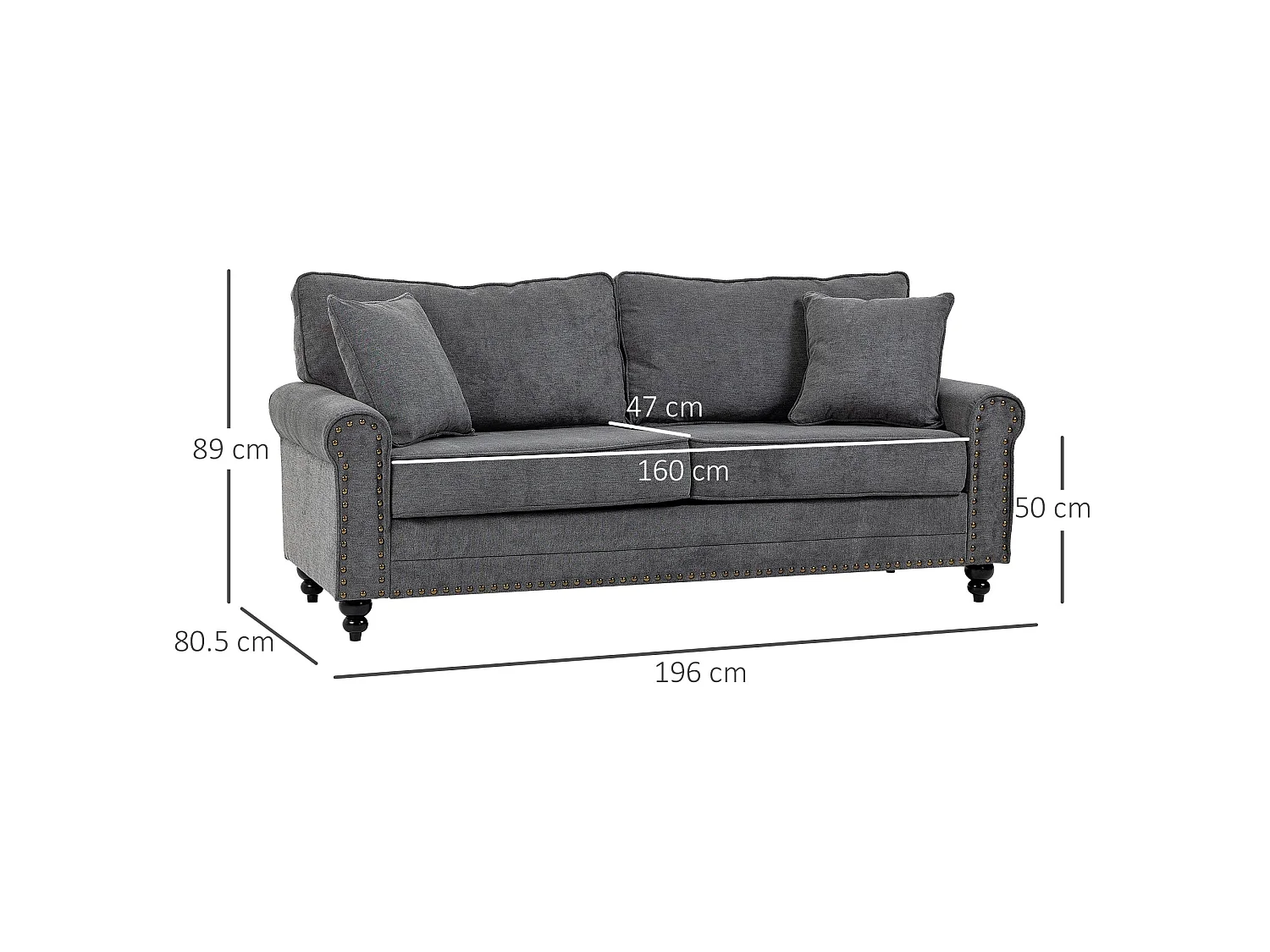 Tael Yolo Grey Fabric 3 Seater Sofa Linen Look Nailhead Trim 2 Cushions