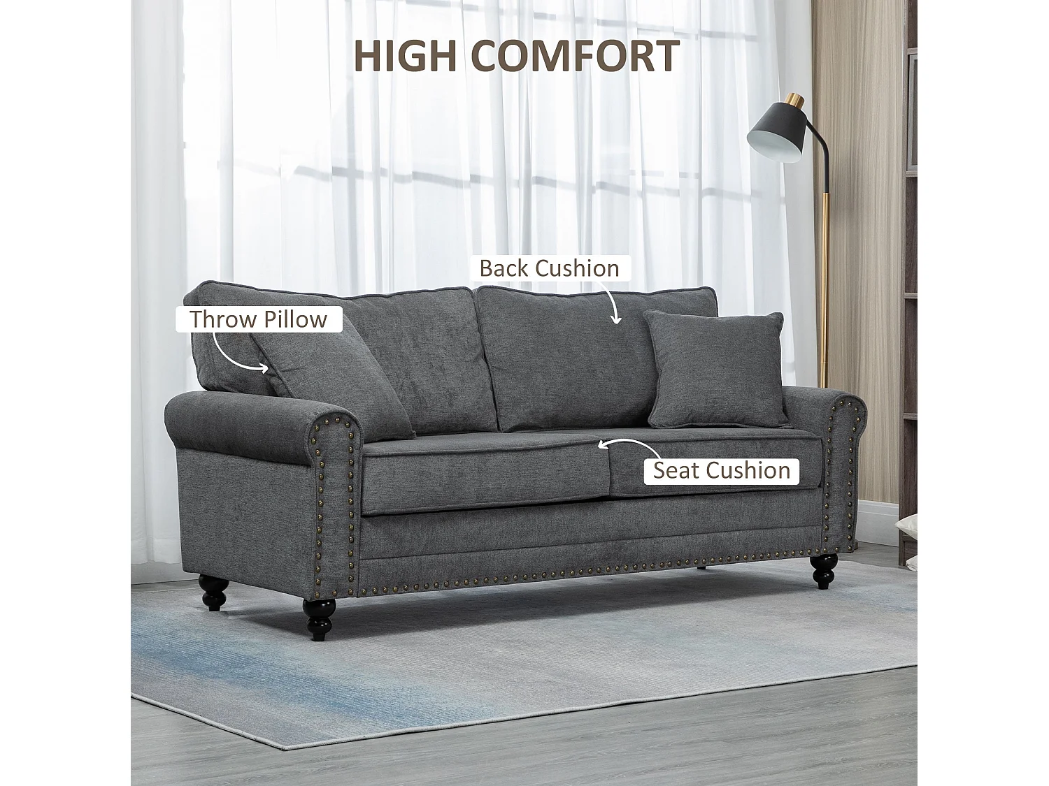 Tael Yolo Grey Fabric 3 Seater Sofa Linen Look Nailhead Trim 2 Cushions