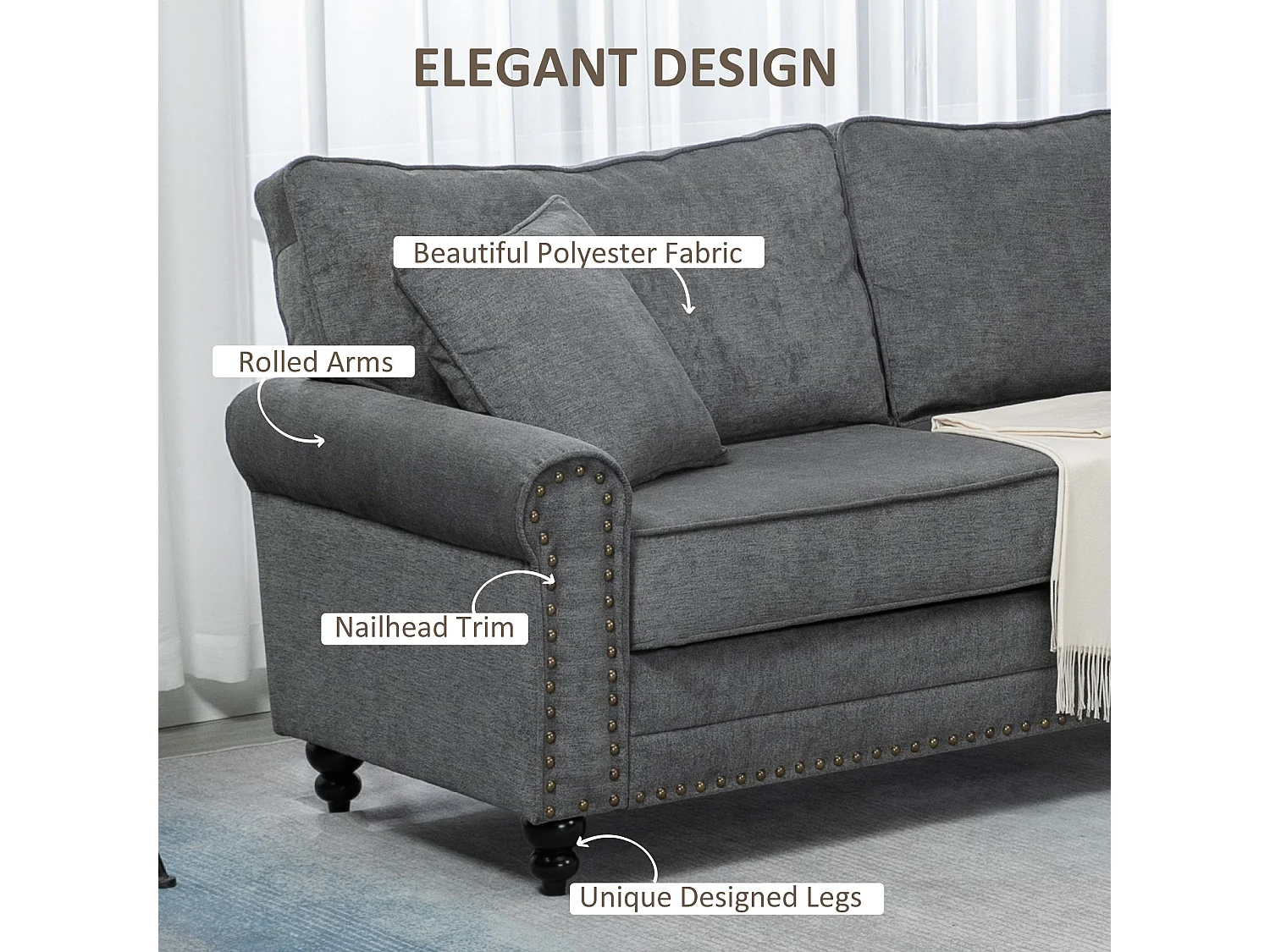 Tael Yolo Grey Fabric 3 Seater Sofa Linen Look Nailhead Trim 2 Cushions
