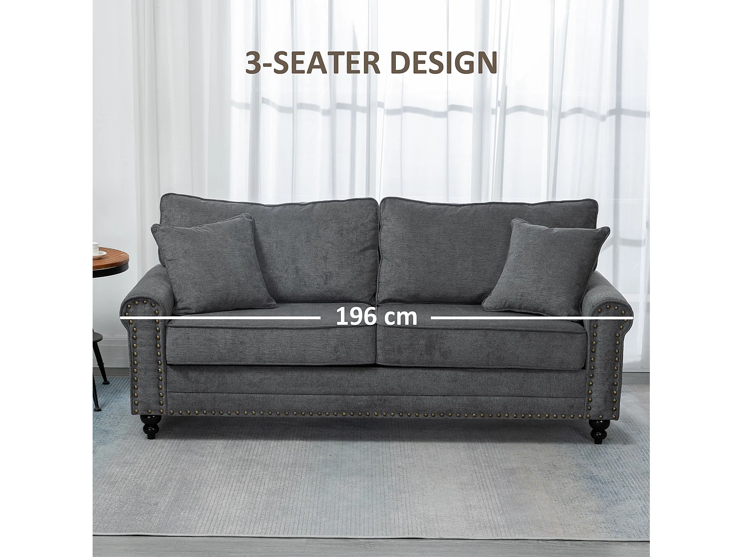 Tael Yolo Grey Fabric 3 Seater Sofa Linen Look Nailhead Trim 2 Cushions