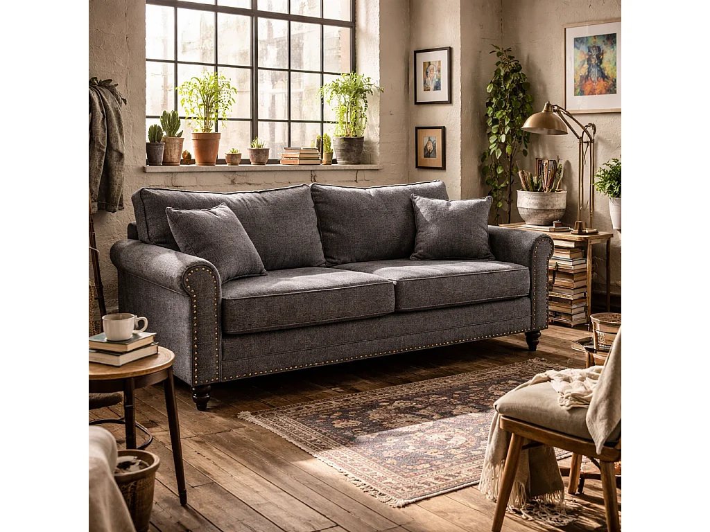 Tael Yolo Grey Fabric 3 Seater Sofa Linen Look Nailhead Trim 2 Cushions