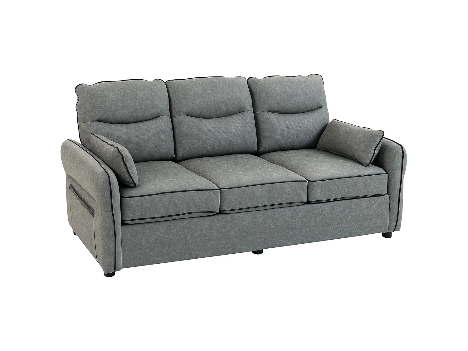 Pamazi Grey Faux Leather 3 Seater Sofa Modern Comfort Side Pockets 190x85x80cm