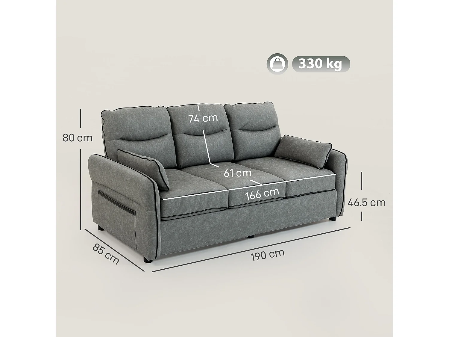 Pamazi Grey Faux Leather 3 Seater Sofa Modern Comfort Side Pockets 190x85x80cm
