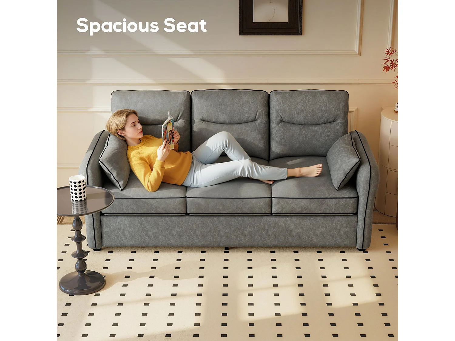 Pamazi Grey Faux Leather 3 Seater Sofa Modern Comfort Side Pockets 190x85x80cm