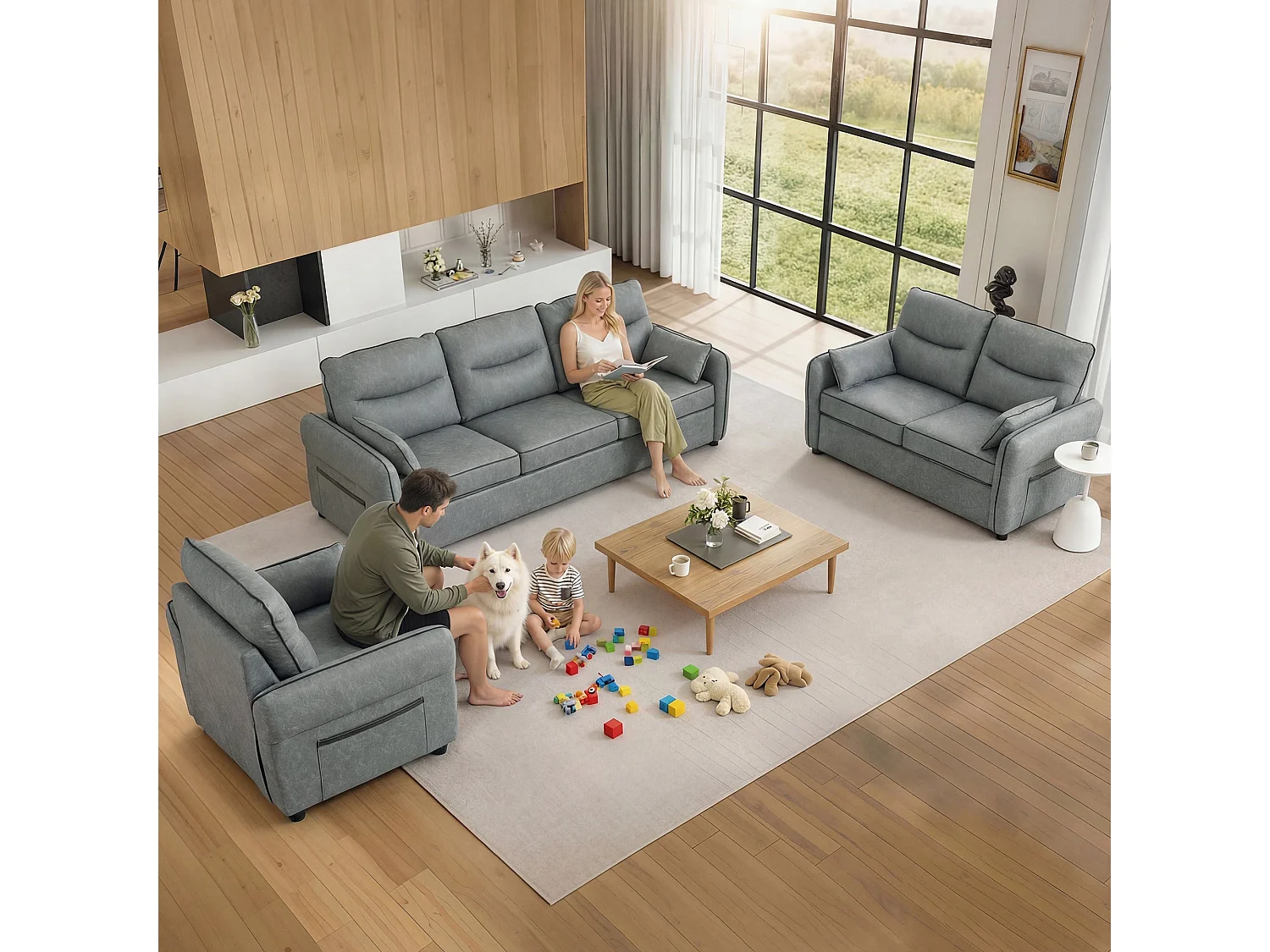 Pamazi Grey Faux Leather 3 Seater Sofa Modern Comfort Side Pockets 190x85x80cm