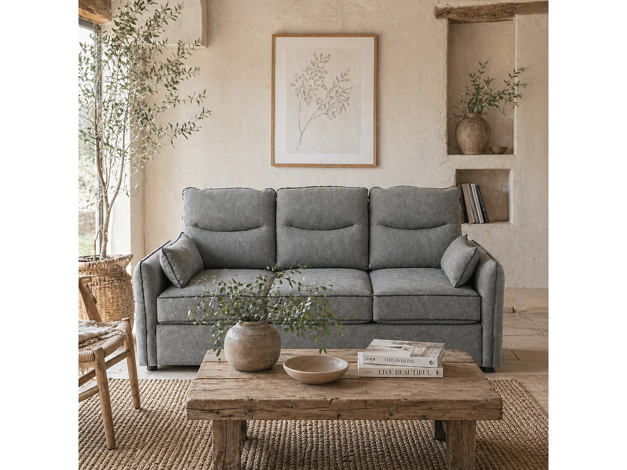 Pamazi Grey Faux Leather 3 Seater Sofa Modern Comfort Side Pockets 190x85x80cm