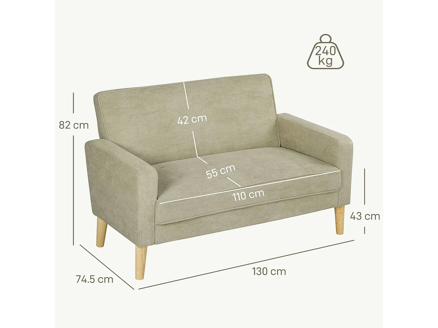 Vikava Beige Velvet Finish 2 Seater Sofa Natural Wooden Legs