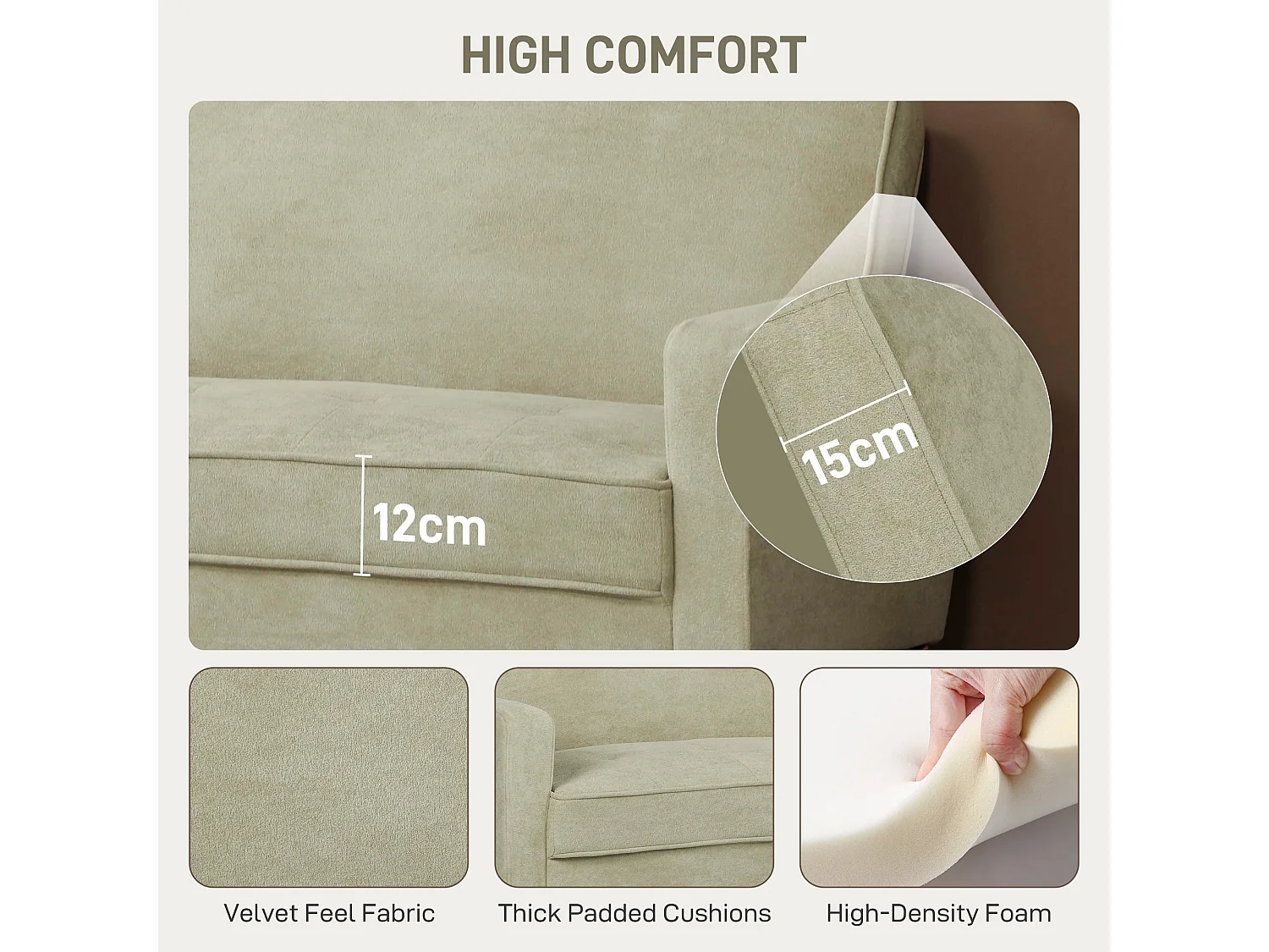 Vikava Beige Velvet Finish 2 Seater Sofa Natural Wooden Legs