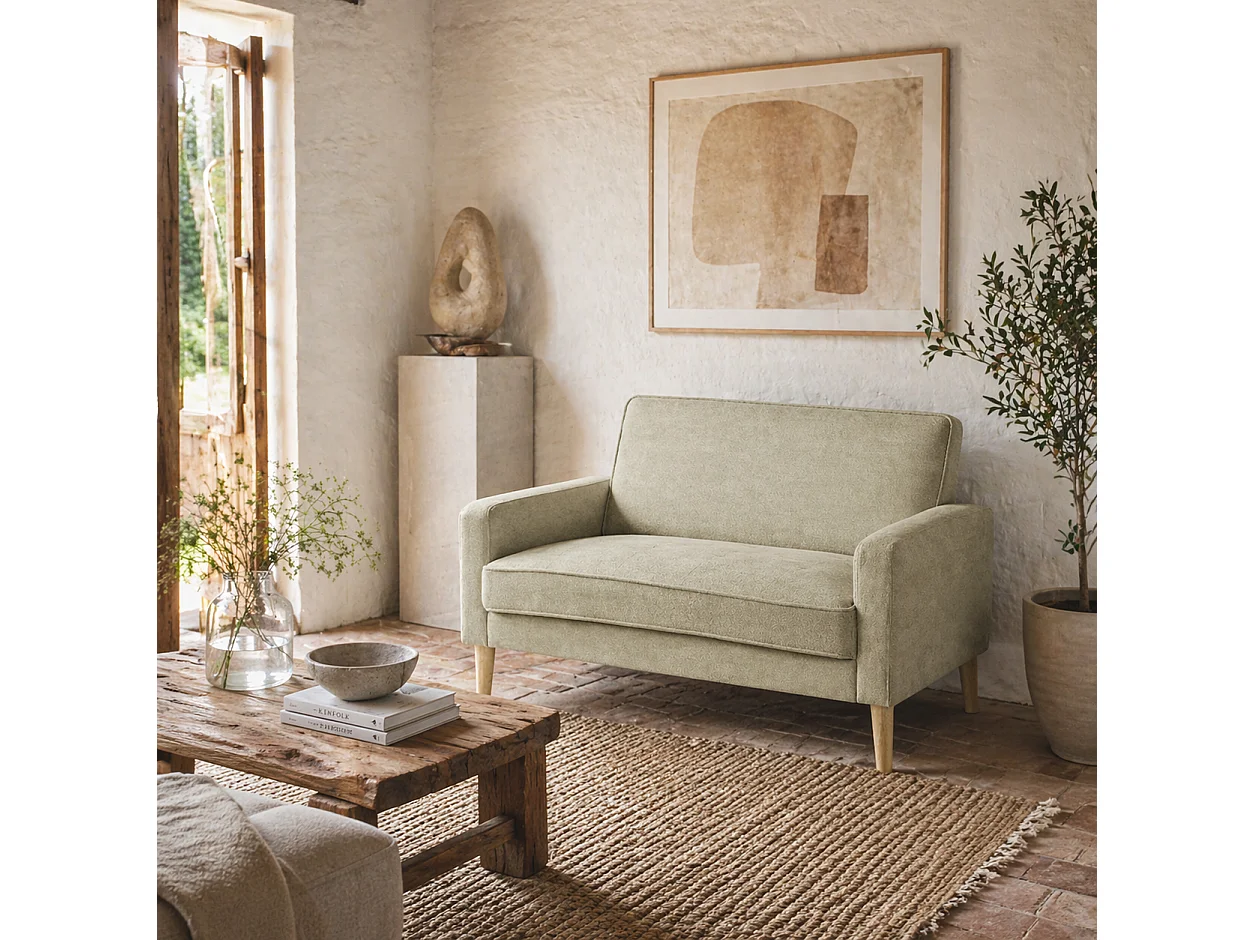 Vikava Beige Velvet Finish 2 Seater Sofa Natural Wooden Legs