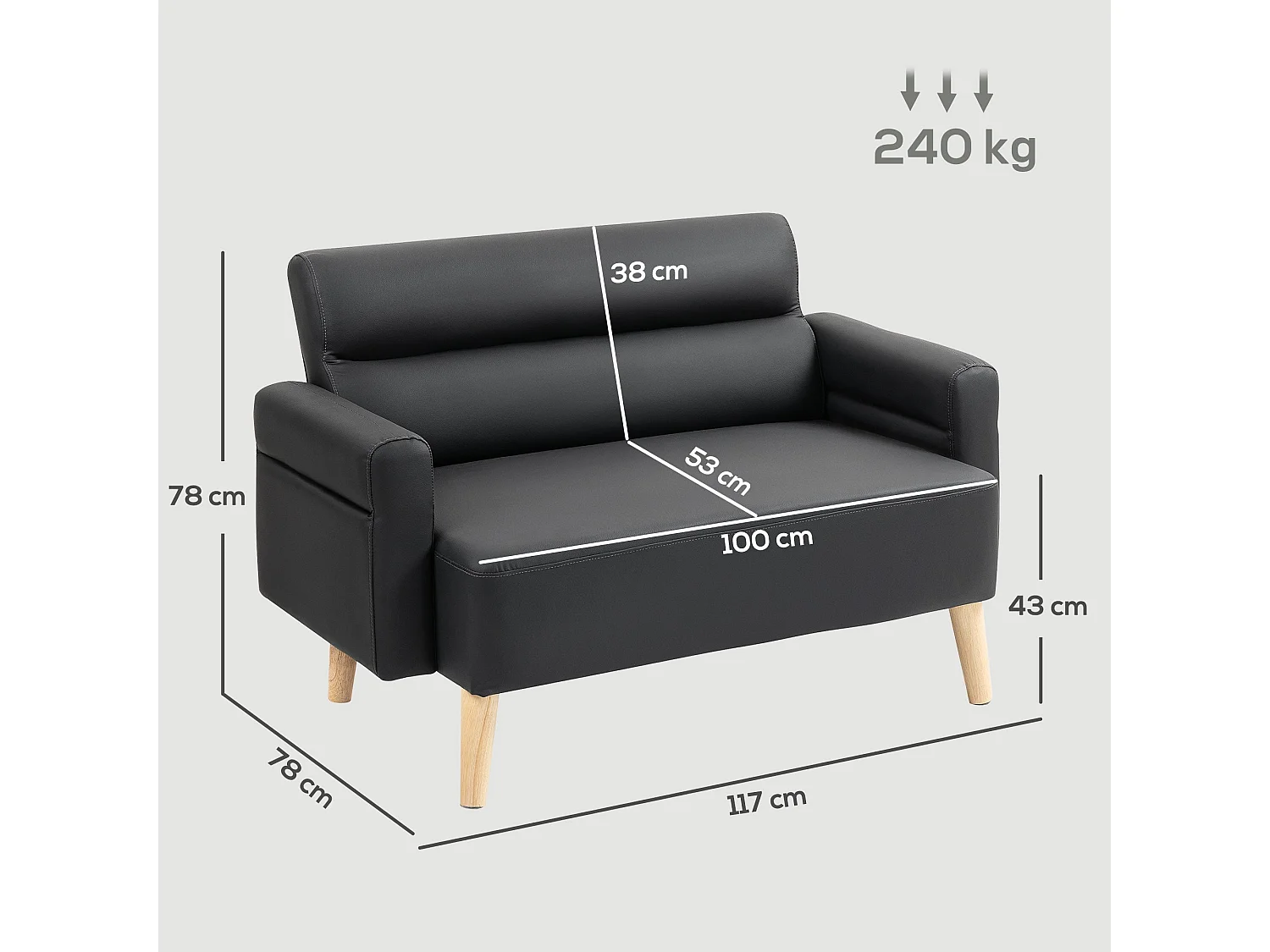 Raha Black Faux Leather Compact 2 Seater Sofa
