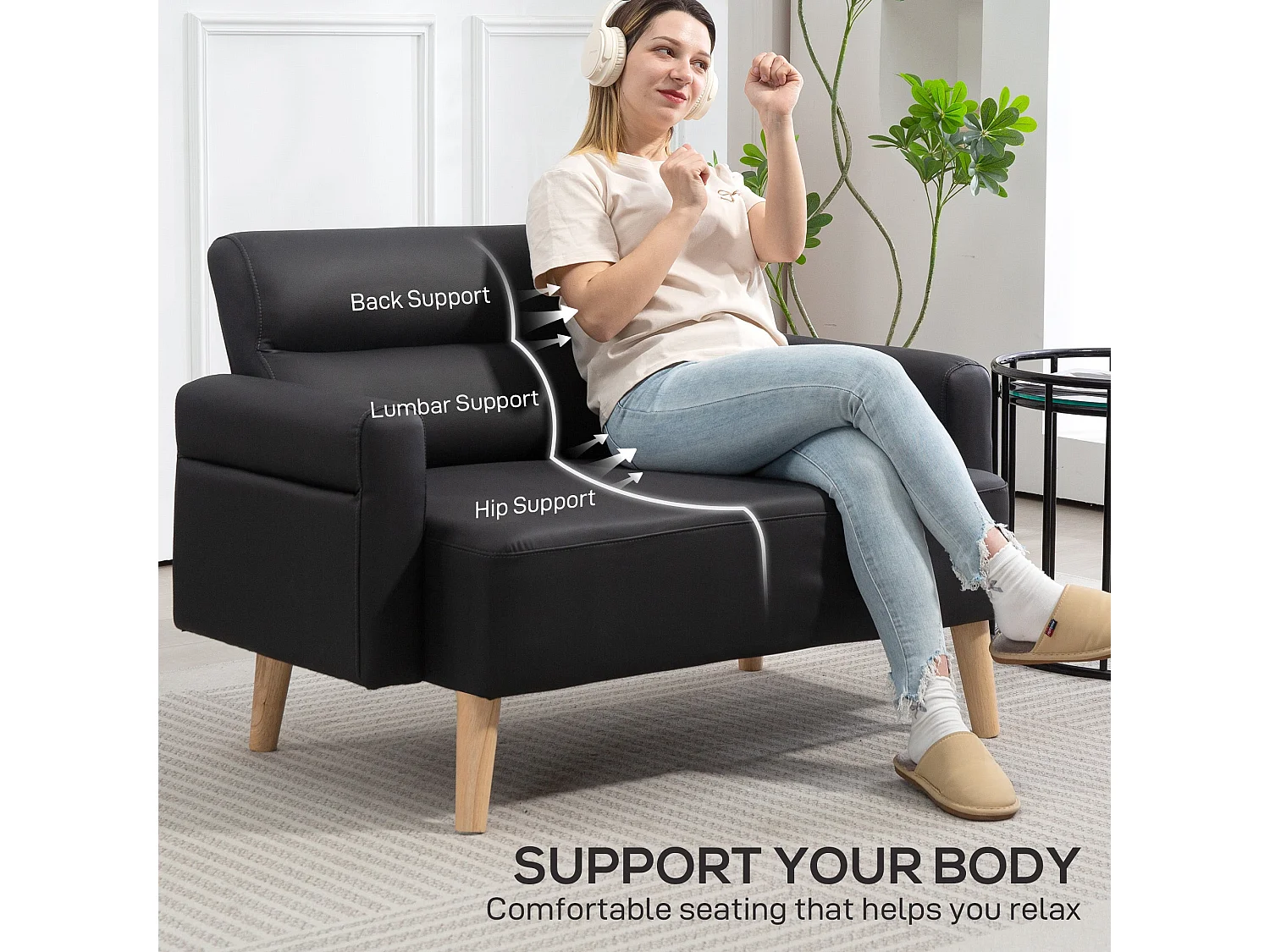 Raha Black Faux Leather Compact 2 Seater Sofa