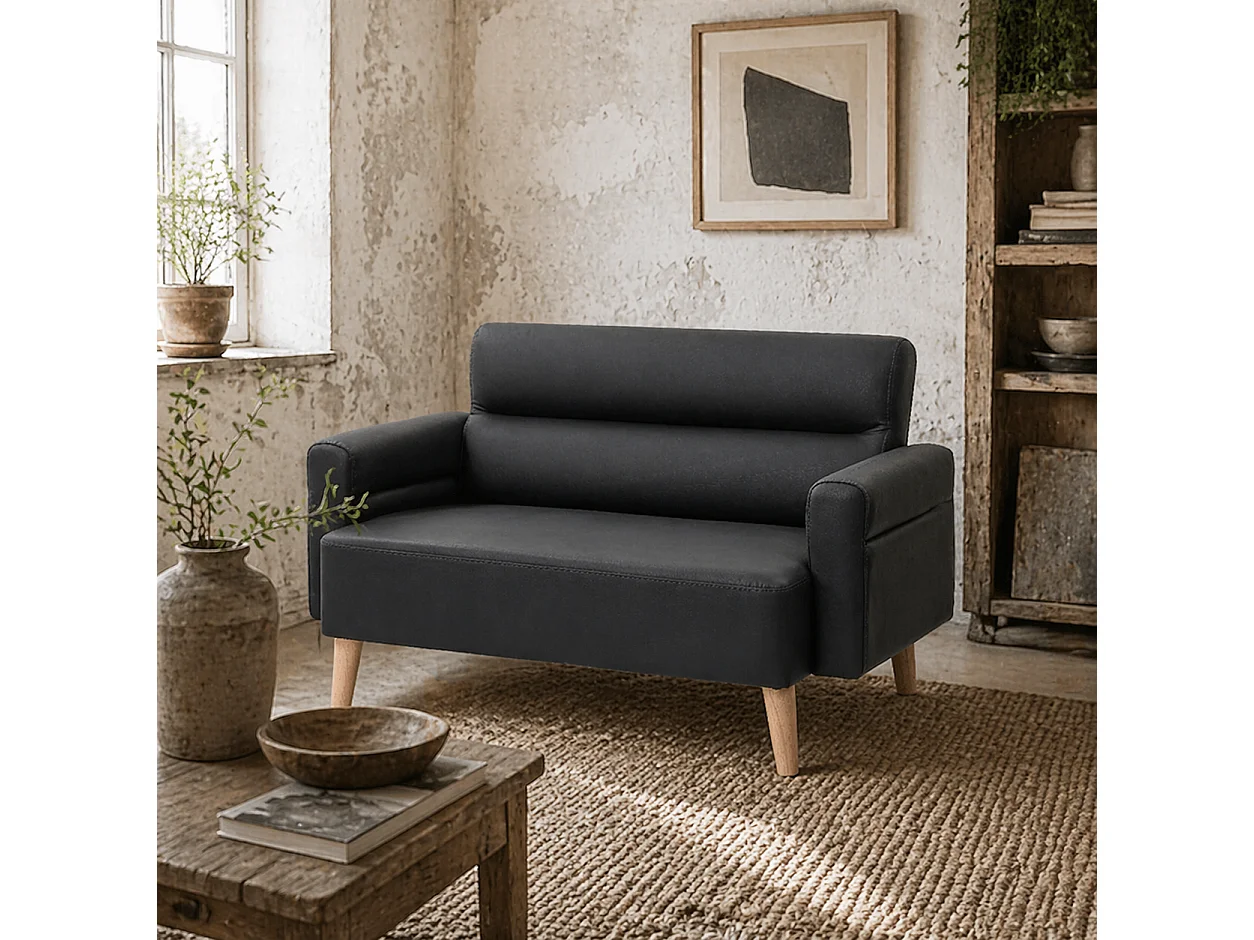 Raha Black Faux Leather Compact 2 Seater Sofa