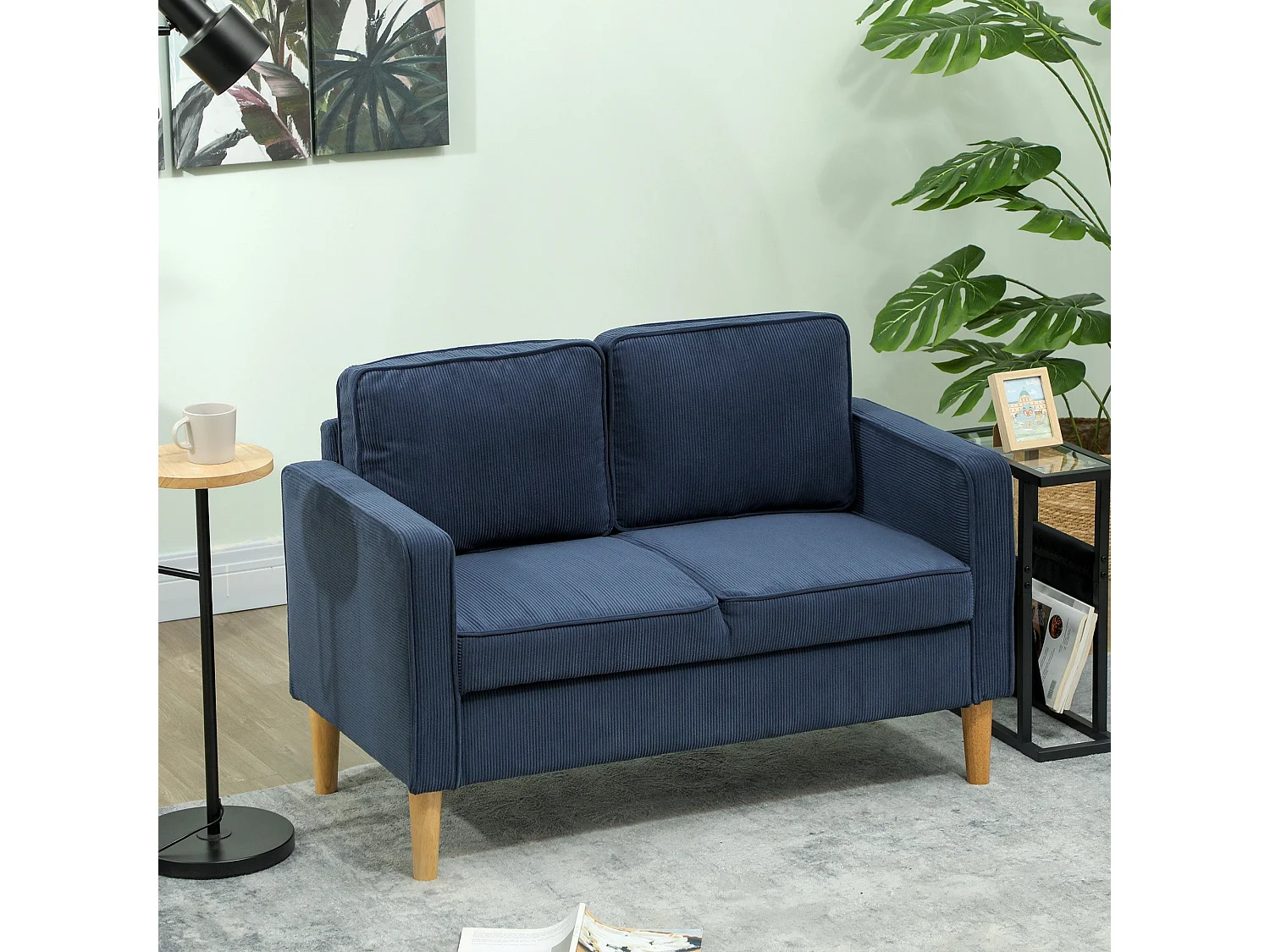 Rozike Nodi Corduroy Blue Compact 2 Seater Sofa with Under Seat Storage Natural Wooden Legs