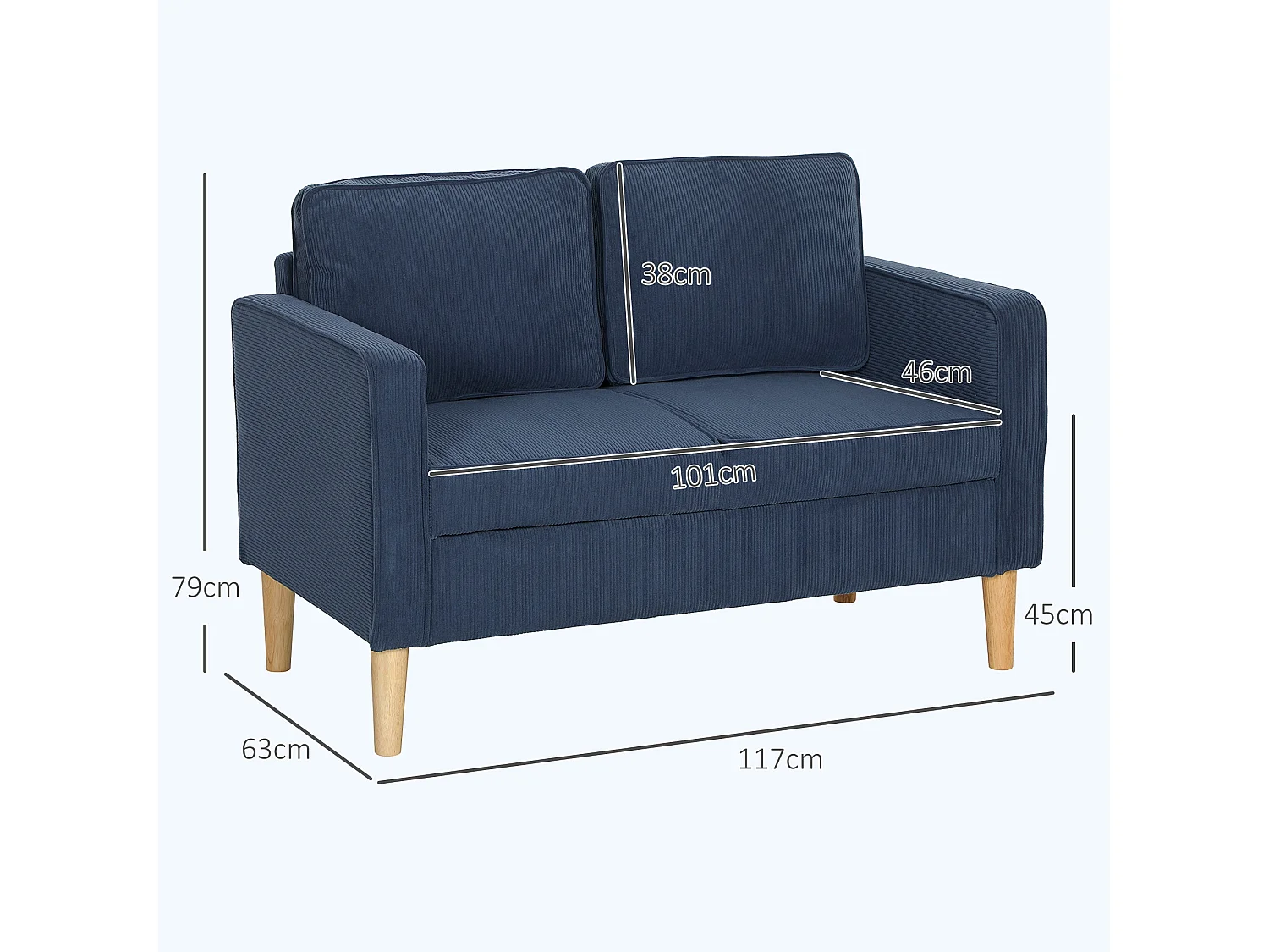 Rozike Nodi Corduroy Blue Compact 2 Seater Sofa with Under Seat Storage Natural Wooden Legs