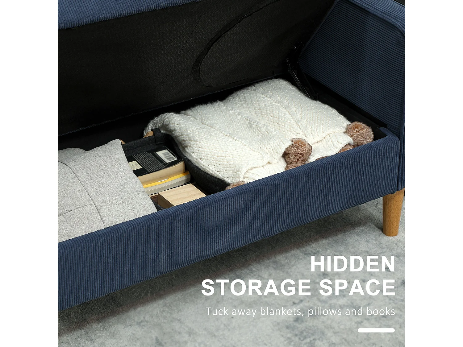 Rozike Nodi Corduroy Blue Compact 2 Seater Sofa with Under Seat Storage Natural Wooden Legs