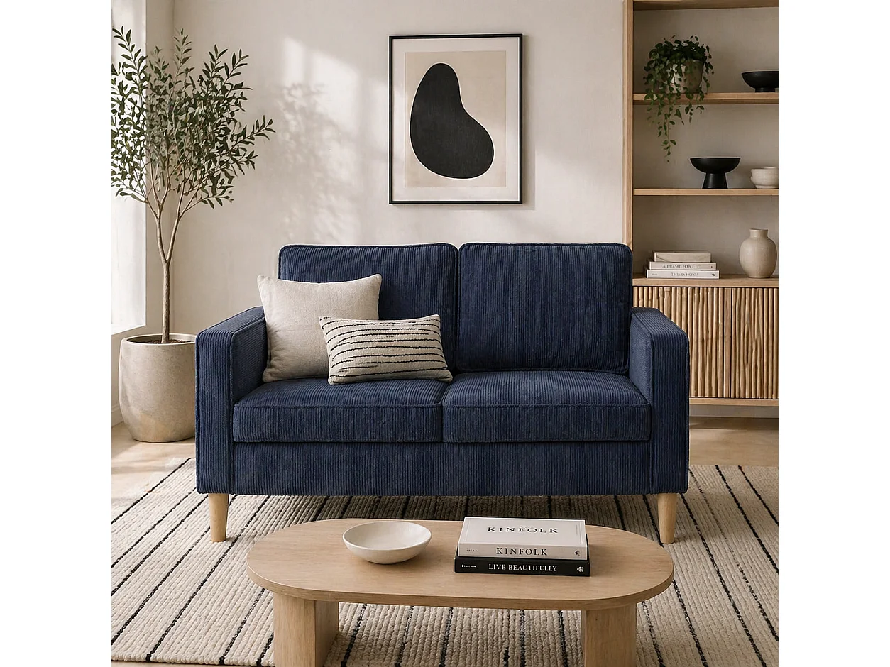 Rozike Nodi Corduroy Blue Compact 2 Seater Sofa with Under Seat Storage Natural Wooden Legs