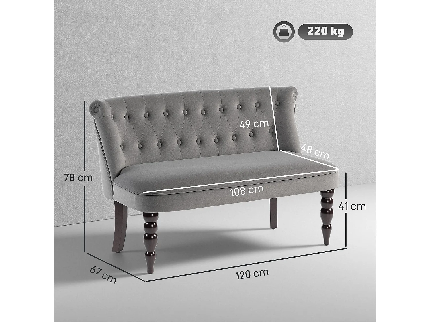Nolali Charcoal Velvet Feel Wingback 2 Seater Sofa Button Tufted