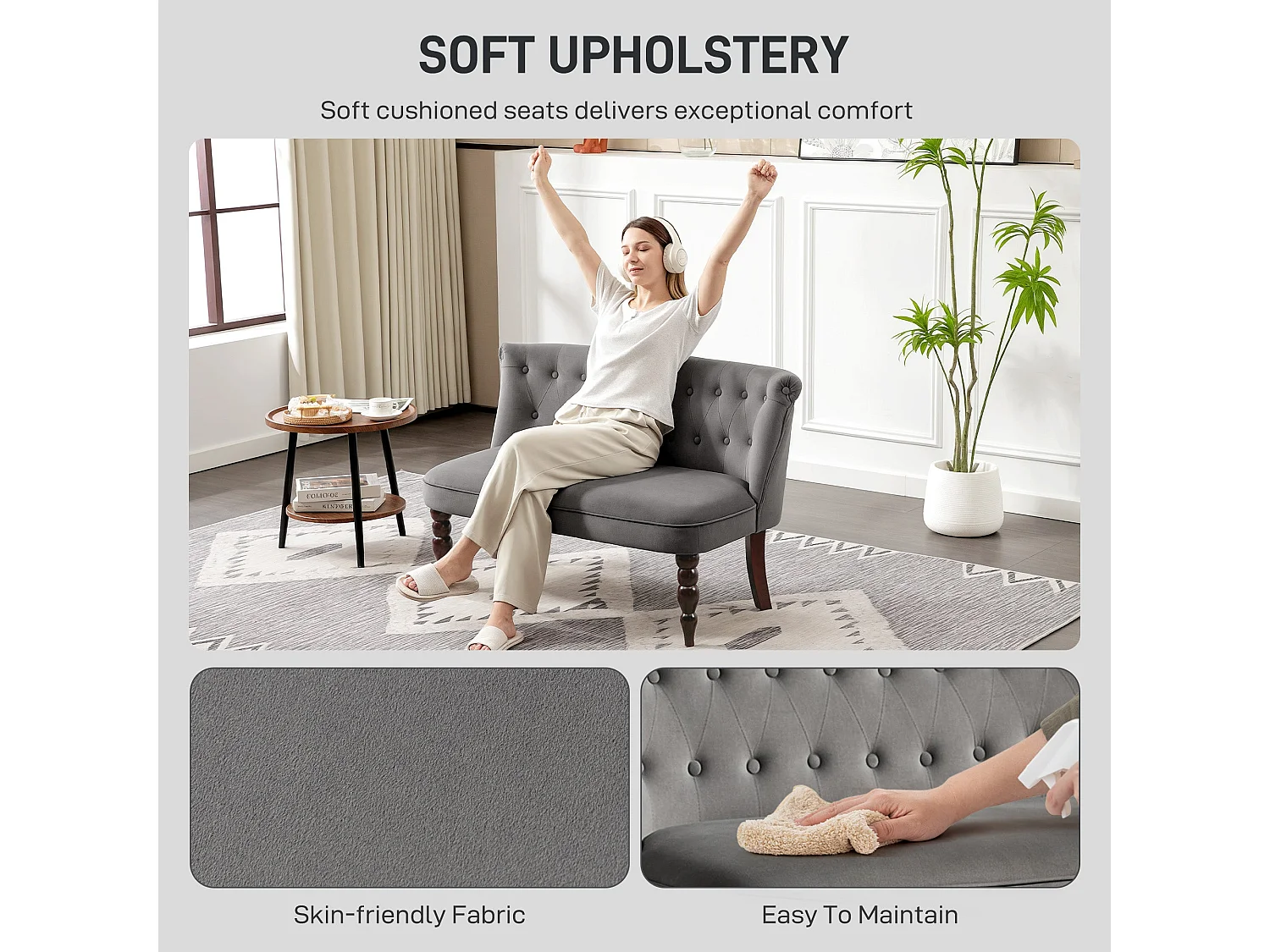 Nolali Charcoal Velvet Feel Wingback 2 Seater Sofa Button Tufted
