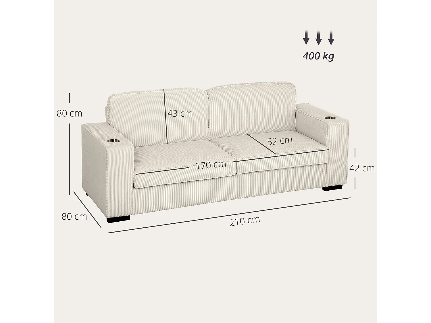Tocomo 3 Seater Corduroy Sofa Cream White 210cm