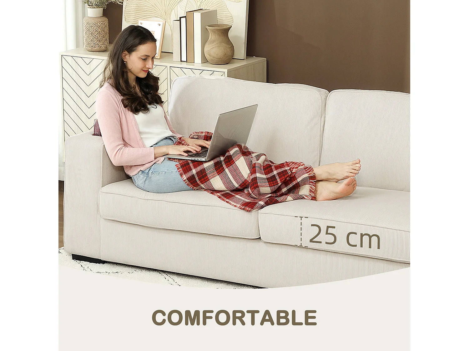 Tocomo 3 Seater Corduroy Sofa Cream White 210cm