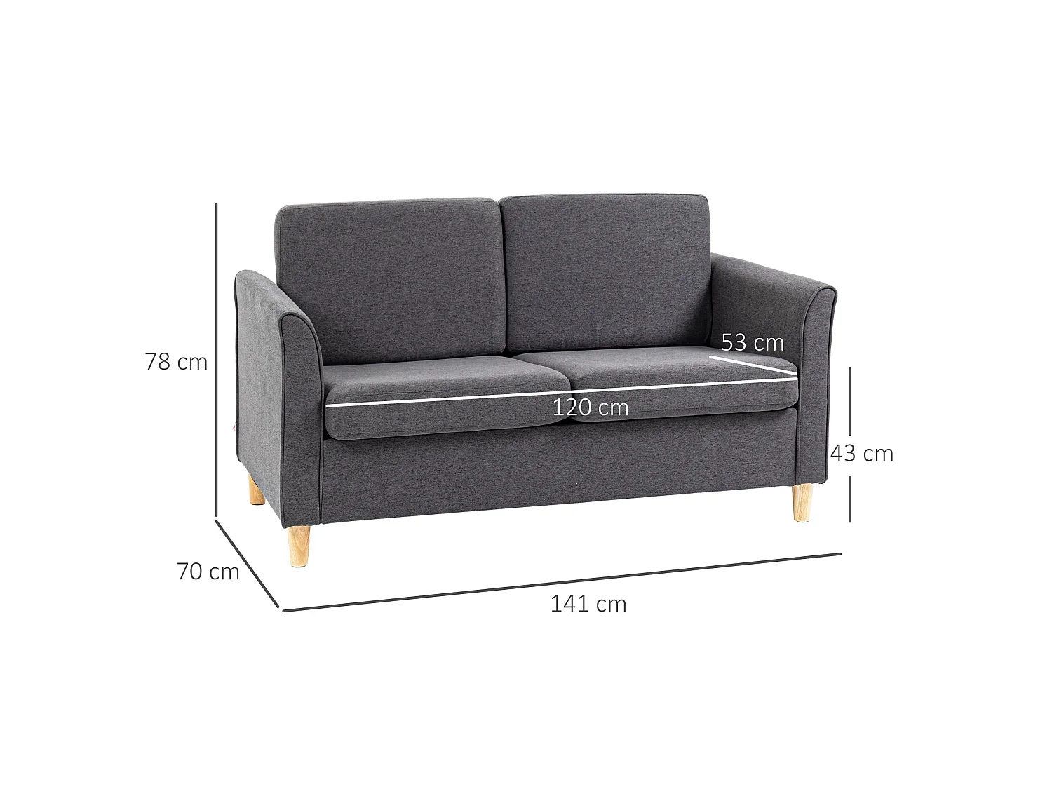 Sono Dark Grey Compact 2 Seater Sofa with Wooden Legs and Armrests