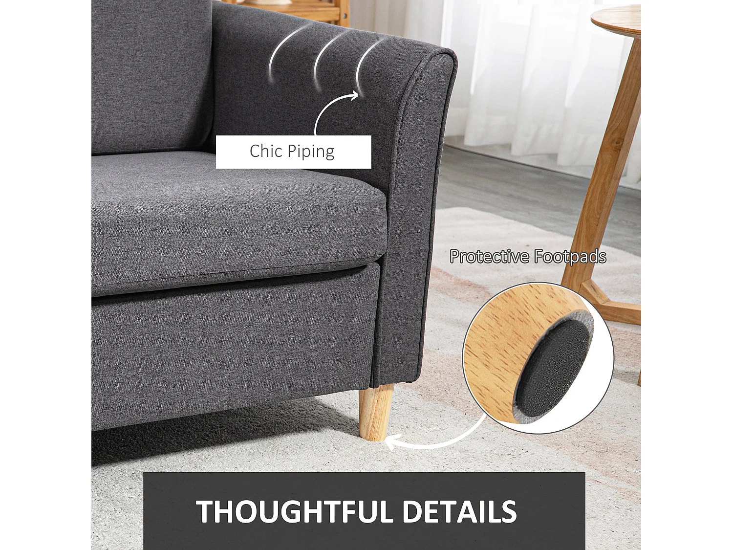Sono Dark Grey Compact 2 Seater Sofa with Wooden Legs and Armrests