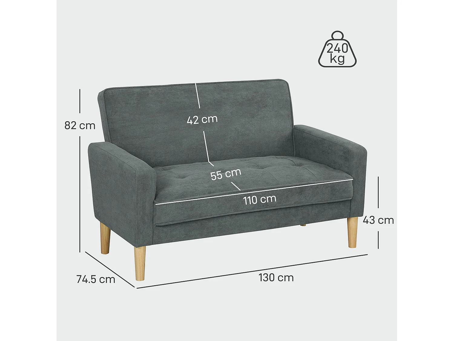 Pafa Dark Grey Velvet Feel 2 Seater Sofa Natural Wood Legs