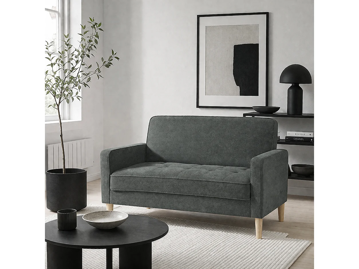Pafa Dark Grey Velvet Feel 2 Seater Sofa Natural Wood Legs