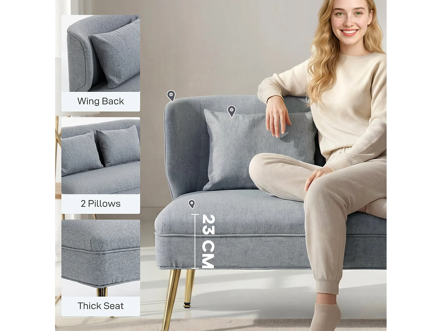Rohaco 2 Seater Linen Effect Sofa Light Grey Wingback Metal Legs