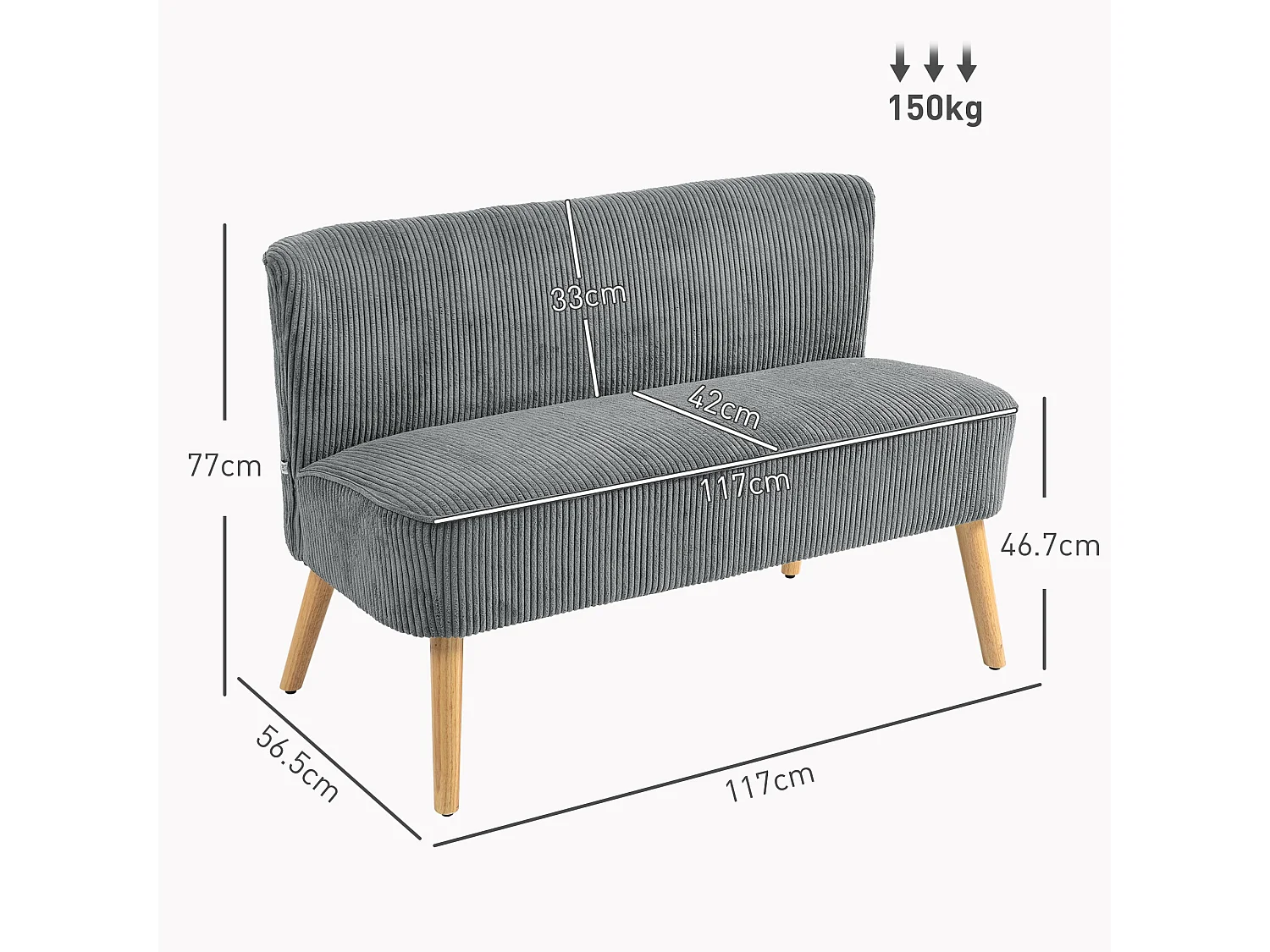 Dinovi Grey Corduroy 2 Seater Sofa Solid Wood Frame Pocket Springs