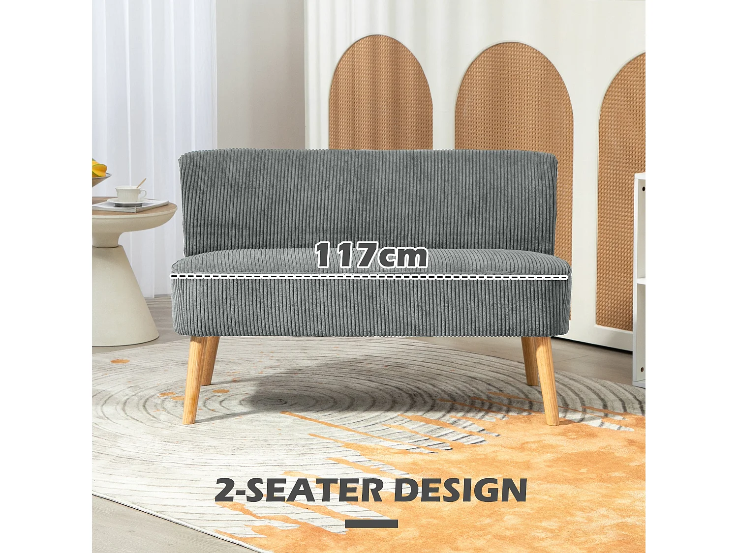 Dinovi Grey Corduroy 2 Seater Sofa Solid Wood Frame Pocket Springs