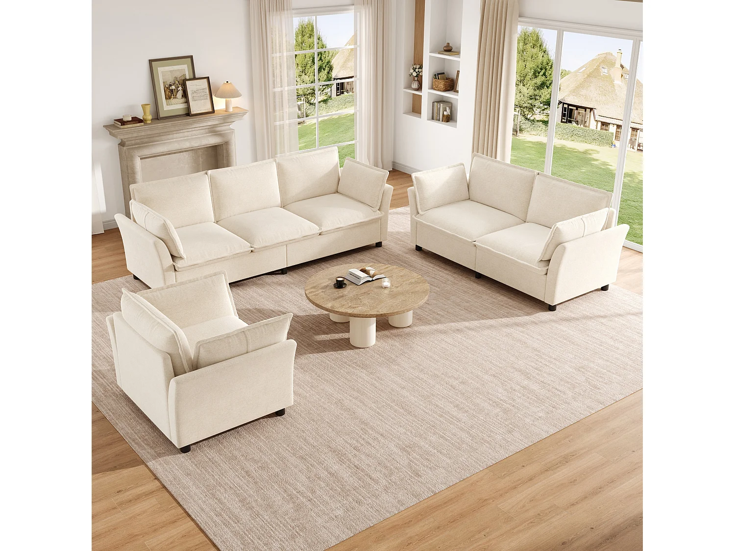 Ensemble Canapé 3+2+1 Modulaire "Effet Nuage" en Tissu Chenille, Canapé 3 Places, 2 Places et Fauteuil Ergonomique, Style Moderne - Beige