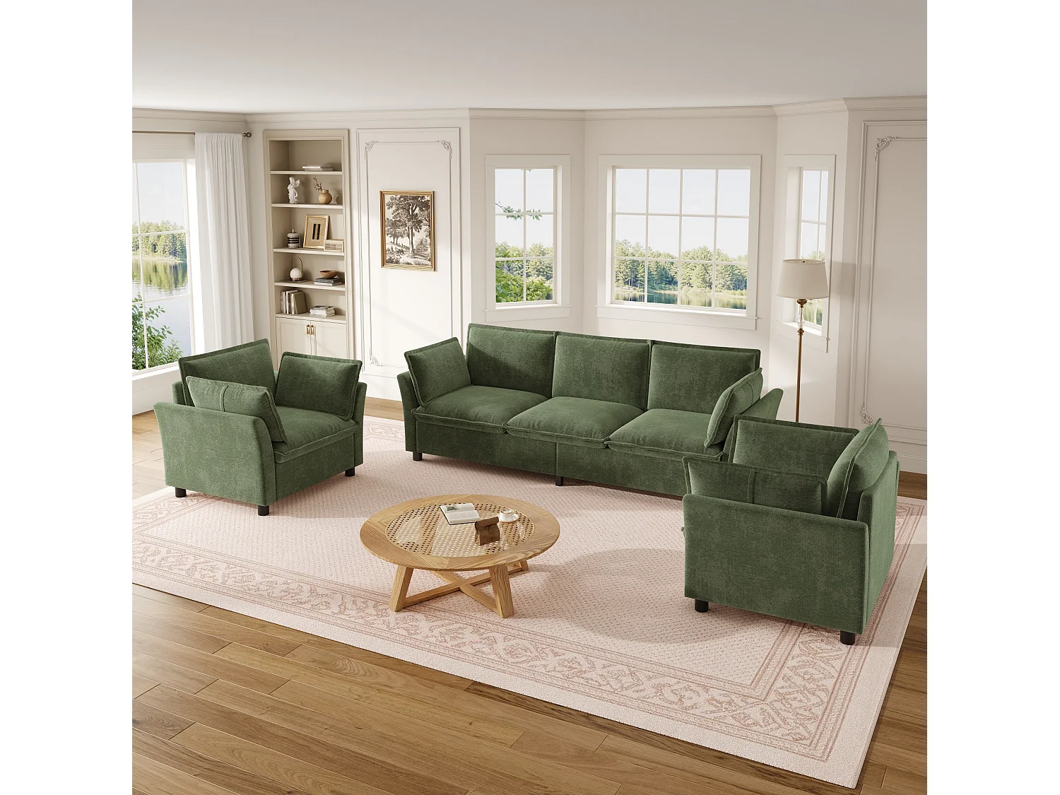 Ensemble Canapé 3+1+1 Modulaire "Effet Nuage" en Tissu Chenille, Canapé 3 Places et 2 Fauteuils Ergonomiques, Style Moderne - Vert