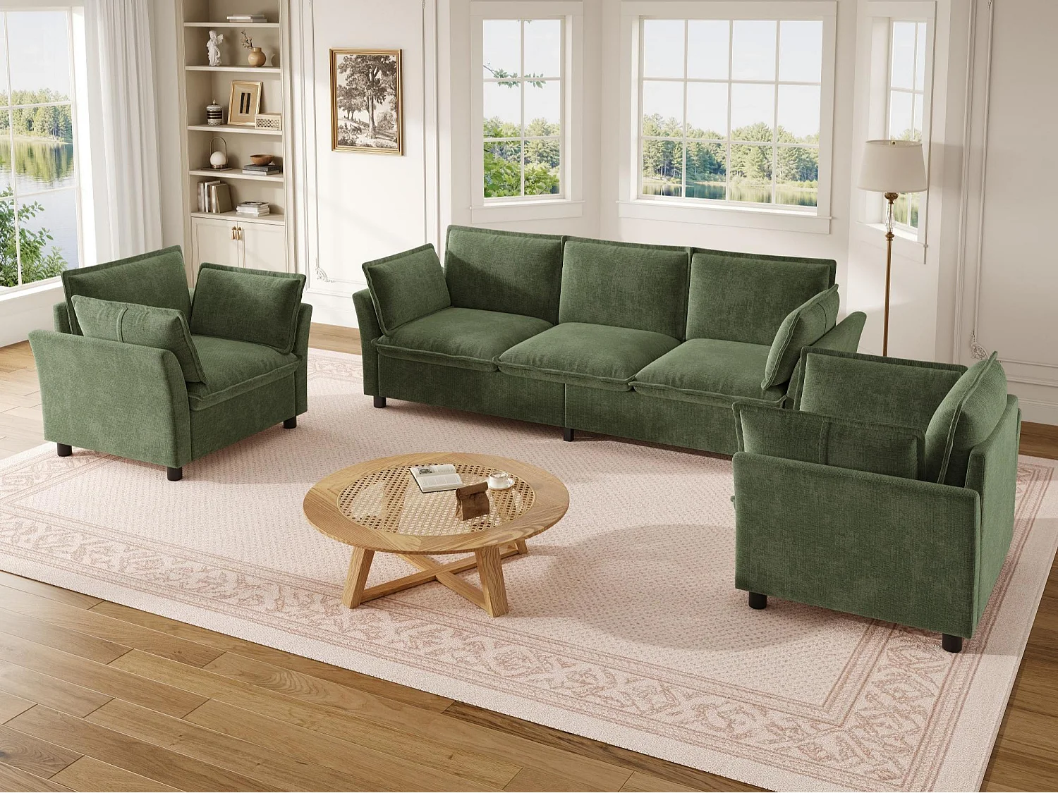 Modulares Sofa-Set 3+1+1 „Wolken-Effekt“ aus Chenille-Stoff, 3-Sitzer-Sofa und 2 ergonomische Sessel, moderner Stil - Grün