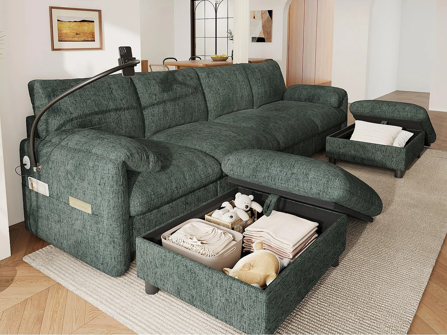 Canapé d'angle en U/L - 6 places - avec 2 poufs de rangement - avec port USB Type-C - avec support pour téléphone - tissu chenille - vert