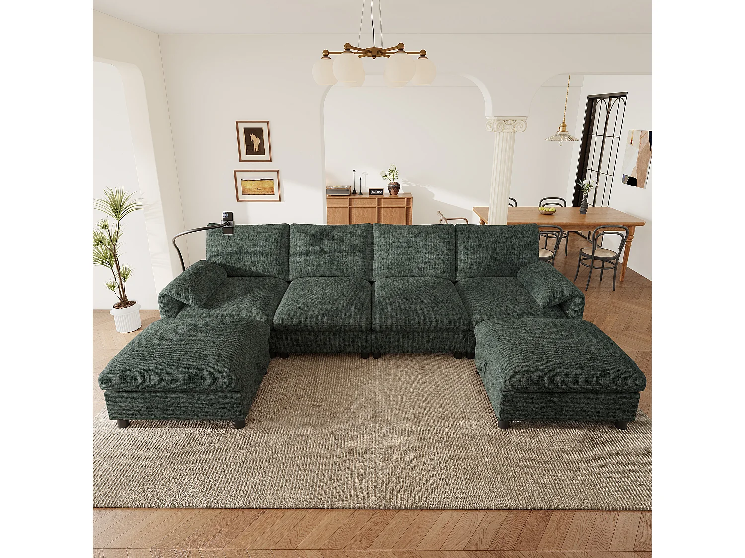 Canapé d'angle en U/L - 6 places - avec 2 poufs de rangement - avec port USB Type-C - avec support pour téléphone - tissu chenille - vert