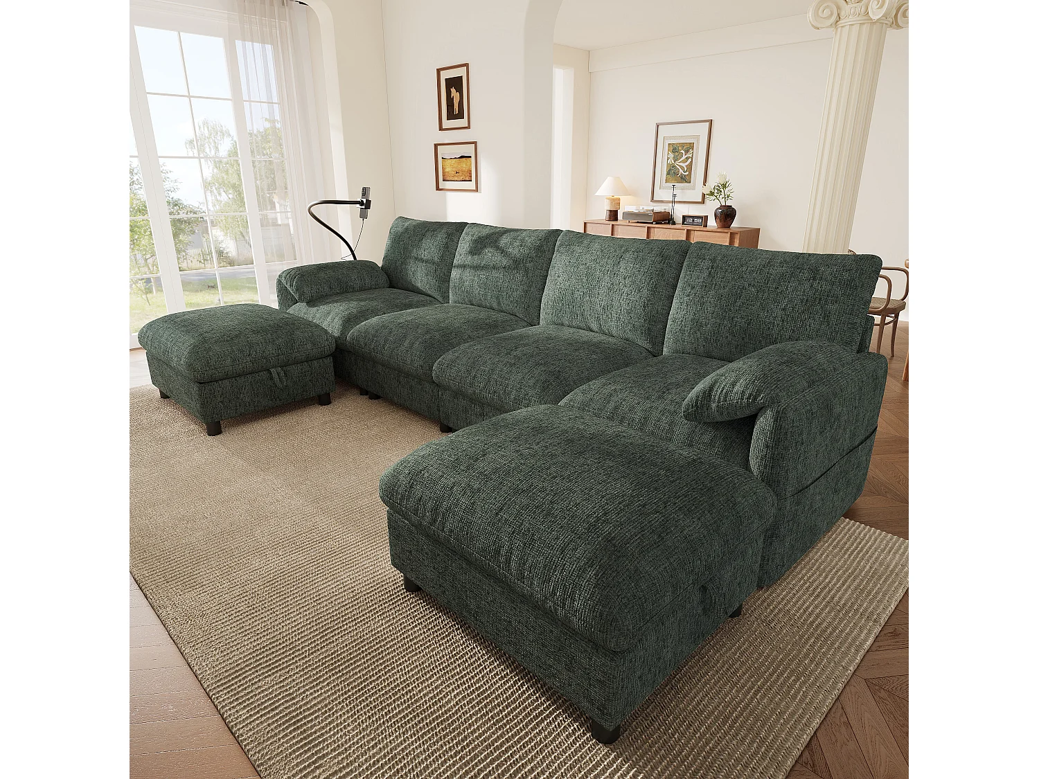 Canapé d'angle en U/L - 6 places - avec 2 poufs de rangement - avec port USB Type-C - avec support pour téléphone - tissu chenille - vert