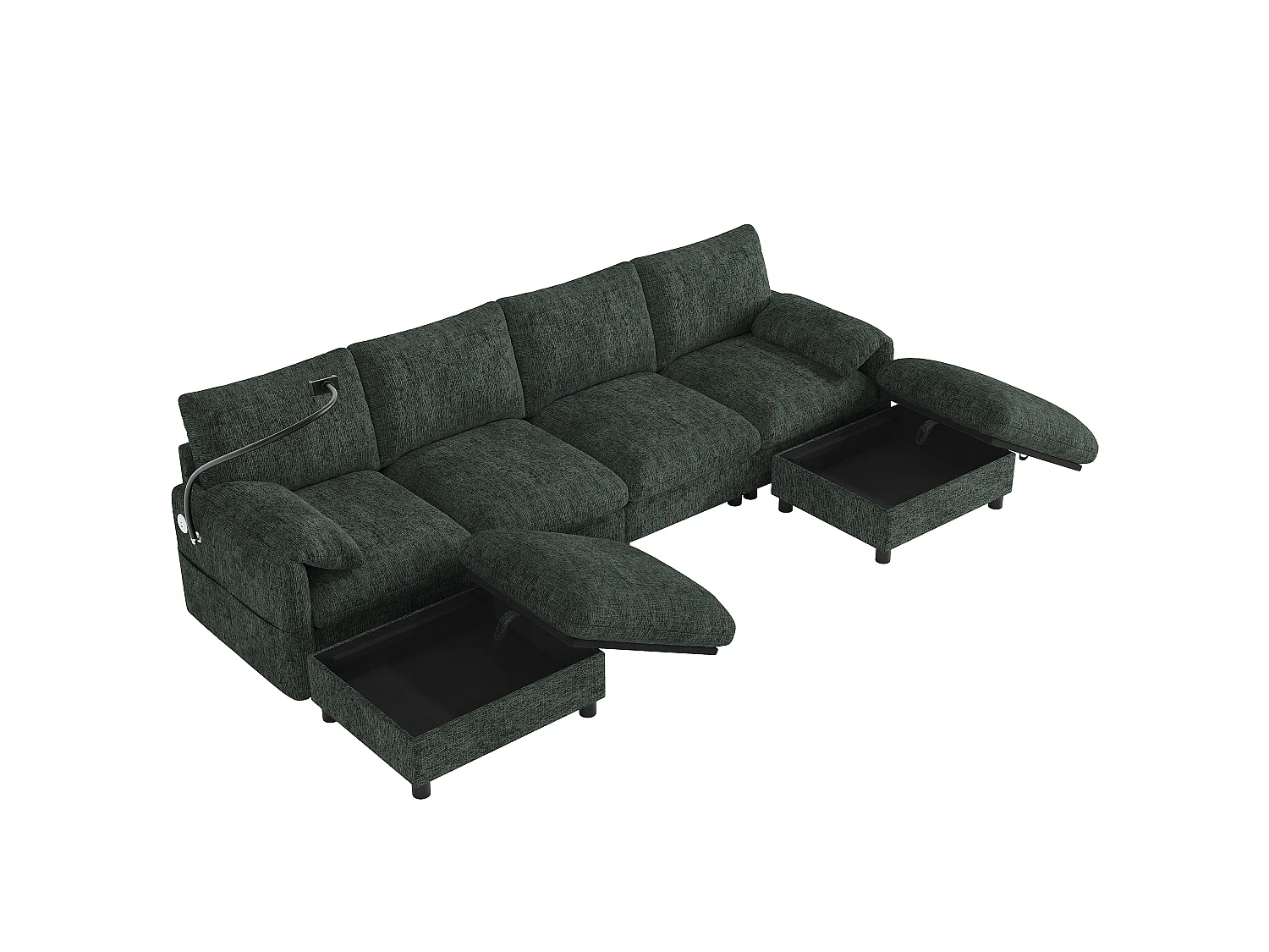 Canapé d'angle en U/L - 6 places - avec 2 poufs de rangement - avec port USB Type-C - avec support pour téléphone - tissu chenille - vert