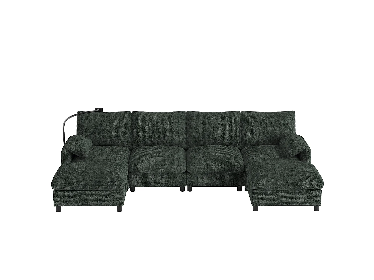 Canapé d'angle en U/L - 6 places - avec 2 poufs de rangement - avec port USB Type-C - avec support pour téléphone - tissu chenille - vert