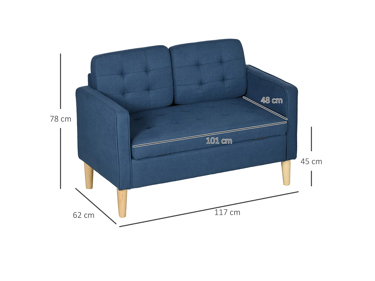 Vanasu Blue 2 Seater Compact Sofa with Hidden Under Seat Storage and Tufted Seat