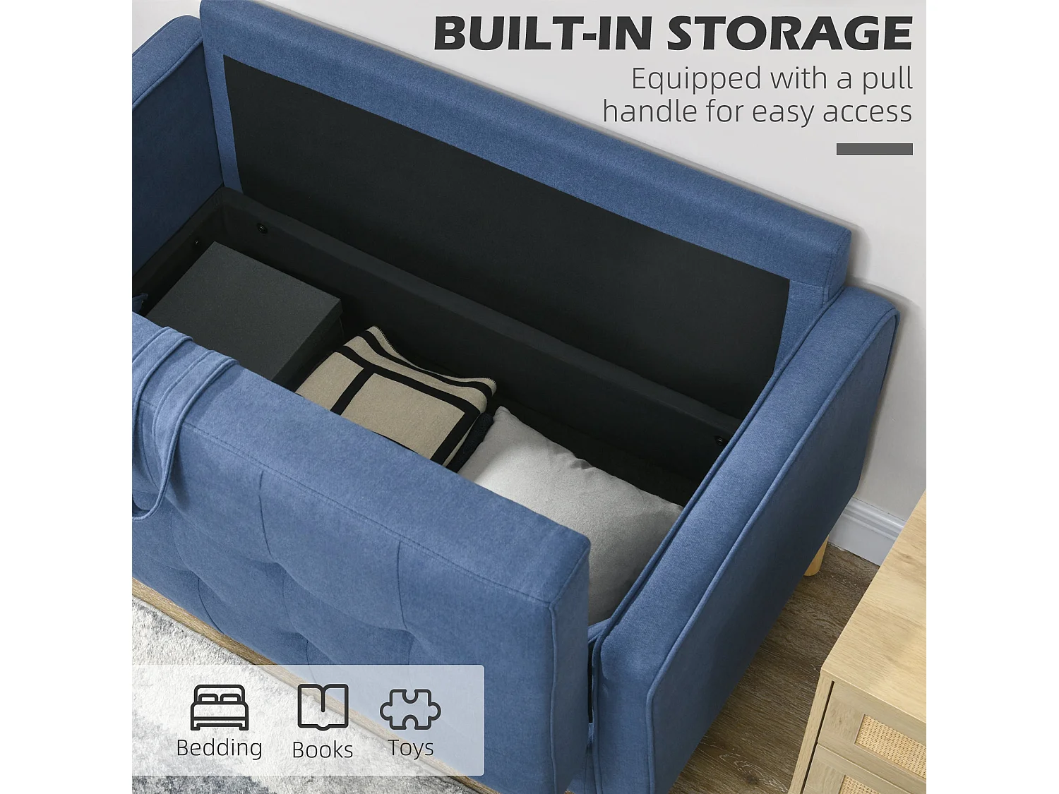 Vanasu Blue 2 Seater Compact Sofa with Hidden Under Seat Storage and Tufted Seat