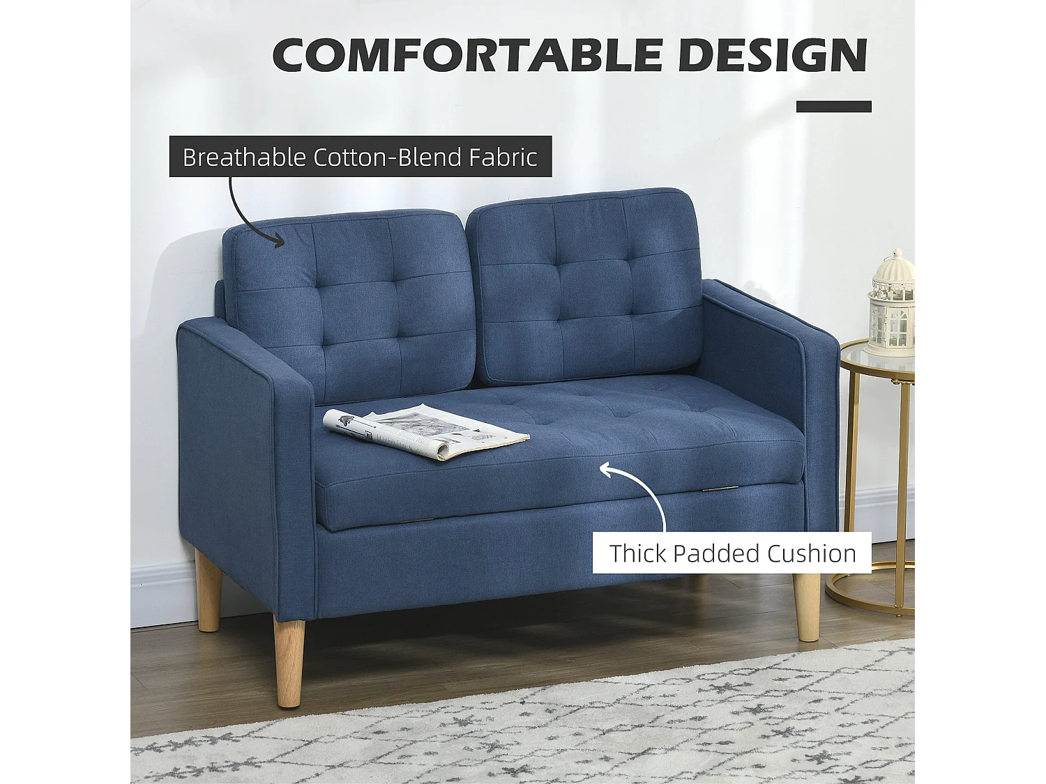 Vanasu Blue 2 Seater Compact Sofa with Hidden Under Seat Storage and Tufted Seat