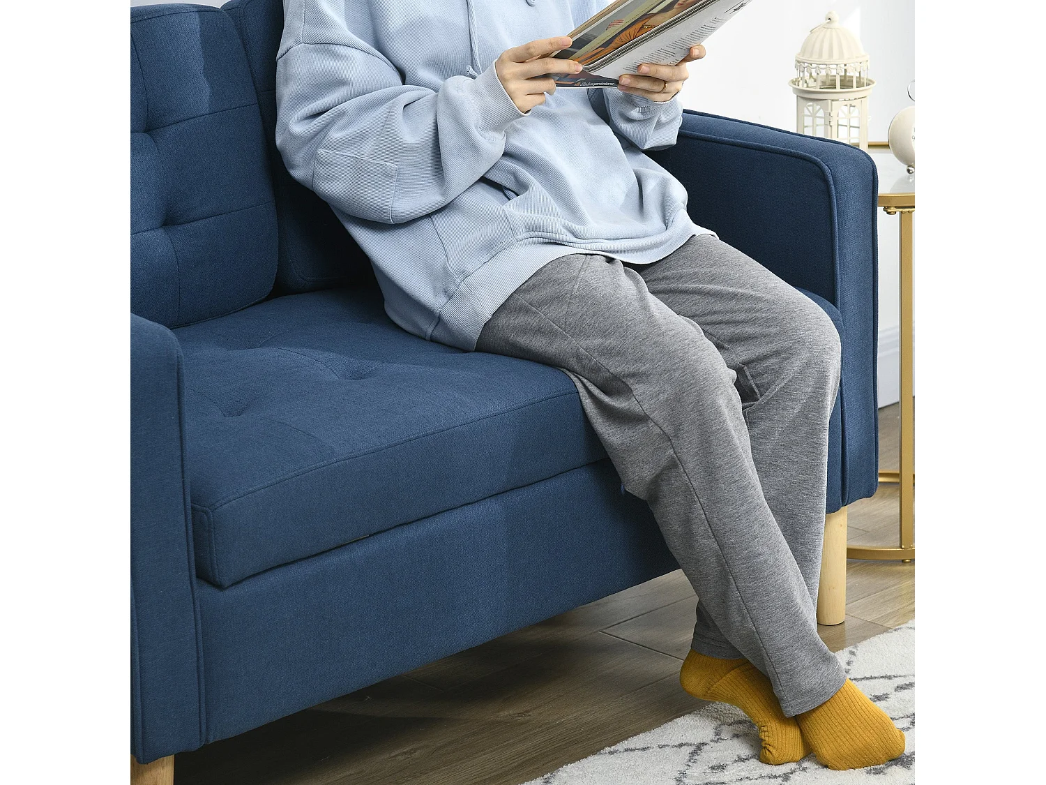 Vanasu Blue 2 Seater Compact Sofa with Hidden Under Seat Storage and Tufted Seat